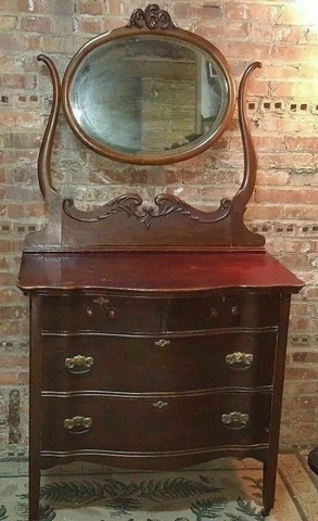 Antique Vanity Dresser Chest of Drawers w Attached Mirror & Curved Drawers Cover