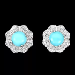 Unheated Round Blue Turquoise 6mm Simulated Cz 925 Sterling Silver Earrings - Picture 1 of 9