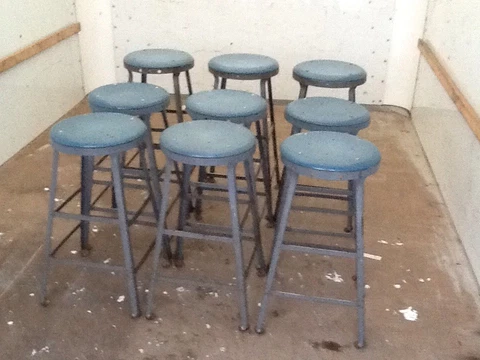 10 Vtg Stools W / Blue Melamine 13" Round Seats - 26" & 28" Heights - Very Good Cover