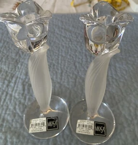 Mikasa Crystal Candle Candlesticks Tulip Shape Beautiful Glow Frosted Leaves (2) - Picture 1 of 6