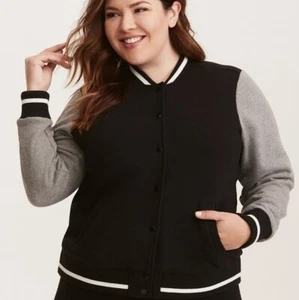 New w Tags $65 TORRID Black & Grey Varsity Bomber Jacket Women's 2 - 2X 18/20 - Picture 1 of 5