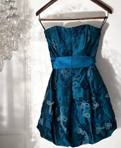 VTG Jessica McClintock Strapless Dress Teal Ribbon Detail Bubble Hem Size 2 - Picture 1 of 11