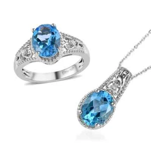 4.25ctw Blue Topaz & Zircon Ring & Pendant/Chain 20" Set Platinum Plated Size 9 - Picture 1 of 6