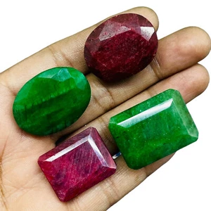 4 Pcs Natural Emerald Ruby 25-31mm Faceted Cut Loose Pendant Size Gemstones Lot - Picture 1 of 9