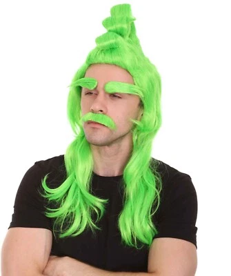 HPO Grumpy Green Wig with Eyebrows & Moustache – Inspired by The Grinch Cosplay Kit