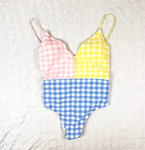 NWT J. Crew Size 12 Deep V-Neck One-Piece Swimsuit Pastel Gingham NEW - Picture 1 of 12