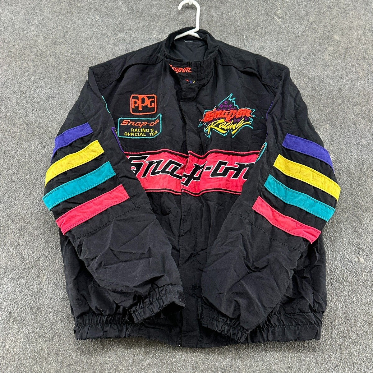 90's 入手困難 SNAP-ON レーシング スタジャン ボンバーJKT Snap-on 】希少 スナップオン レーシングジャケット 刺繍 XL 黒