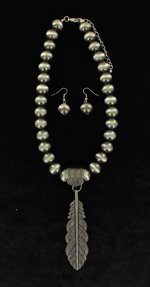 Antiqued Silver BALL & FEATHER Necklace ~ Earring Set - Ball Chain 17-20"  29978 - Image 1 of 1