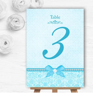 Pretty Floral Vintage Bow & Diamante Aqua Sky Blue Wedding Table Number Cards - Picture 1 of 1