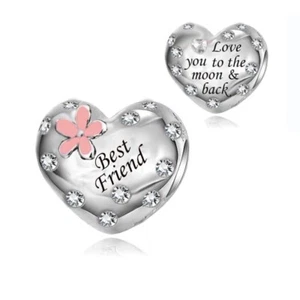 BEST FRIEND PINK FLOWER CHARM LOVE YOU TO MOON 💜 GENUINE 925 STERLING SILVER - Picture 1 of 7