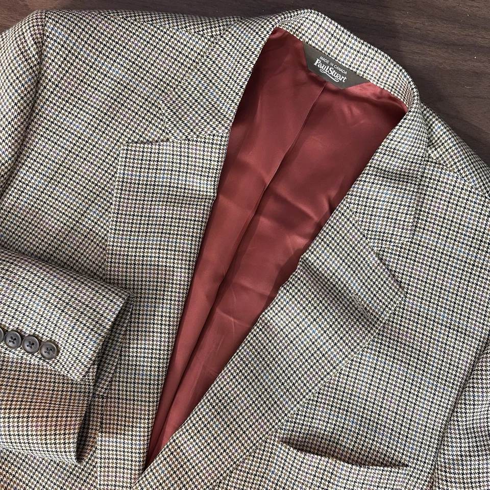 Blazer Paul Stuart lã de seda multicolorido marrom xadrez Houndstooth jaqueta esportiva 46R - Imagem 1 de 4