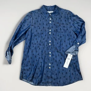 Camicia FOXCROFT donna 10 blu stampa barca a vela Tencel Chambray Roll Tab blusa top - Foto 1 di 14