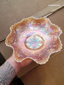 The Best Fenton Carnival Glass Peach Opalescent Dragon & Lotus Ruffled Bowl - Picture 1 of 19