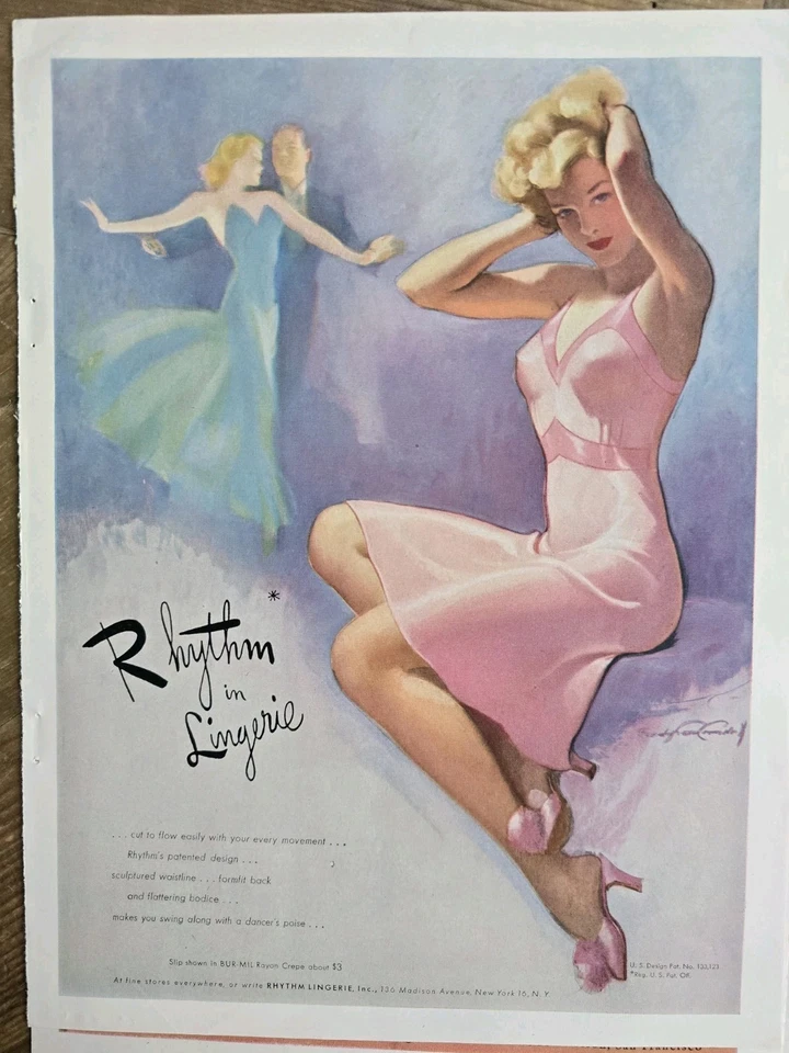  1945 Women's Pink Rhythm in Lingerie Slip McClellan Barclay Art Vintage Ad Foto 1 de 1