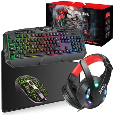 Gaming Keyboard Mouse Headset And Mouse Pad Set USB Rainbow LED For PC Laptop UK - Image 1 of 4
