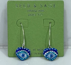 Seed & Sage Evil Eye Earrings Sterling Silver 925 Dangle Drop Blue Heart NEW - Picture 1 of 8