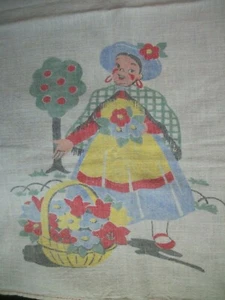 Vintage Kitchen Towel Lady w Basket Flowers Print Girl TW274 - Picture 1 of 8