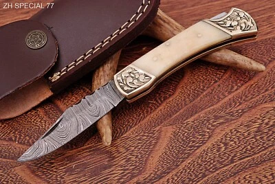 Cuchillo/bolsillo plegable/hoja de acero Damasco hecho a mano de 7" con funda/estuche ZH 77 Foto 1 de 4