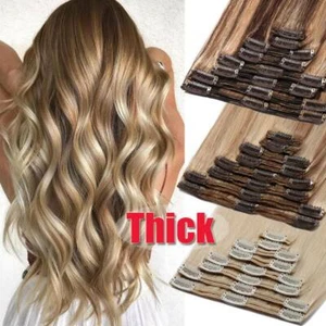 Mega Thick Clip in Double Weft 100% Remy Human Hair Extensions Full Head 170g US - Picture 1 of 36