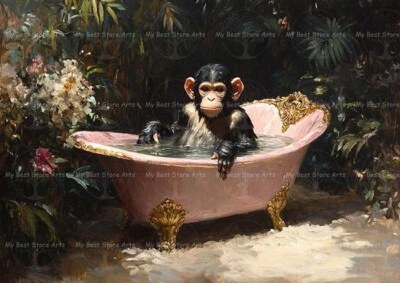 IMPRESIÓN ARTÍSTICA MONO EN BAÑERA, Póster Animal Selva Primate, Decoración Baño F744 Foto 1 de 2
