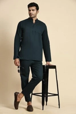 Indian Men’s Black Pyjama Set Cotton 2 Piece Pyjama Long Sleeve For Eid - Image 1 of 4