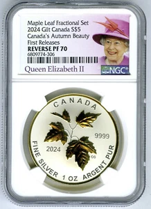 2024 QUEEN ELIZABETH REIGN $5 1 OZ CANADA SILVER NGC PF70 MAPLE LEAF W/ GOLD  FR - Picture 1 of 2