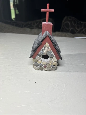 Vintage Decorative  Stone Pebble Church Birdhouse With Cross Chimney Folkart Cover