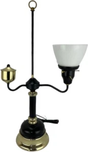 Black Metal & Brass Lamp Tole Student Banker Library Corning Milk Glass Shade - Picture 1 of 16