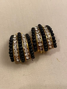 MADE IN USA - Clip on Earrings Gold & Black Rhinestones Gorgeous !! - Picture 1 of 2