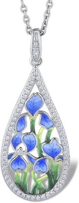 Collana Da Donna a Forma Di Fiore Blu, in Argento Sterling 925, Con Smalto E Zir - Immagine 1 di 4