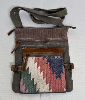 Unbranded Southwestern Geometric Aztec Cross Body Bag Purse Brown & Green Canvas - Image 1 of 4