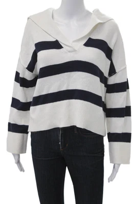 Banana Republic Women Dark Blue Organic Cotton V-Neck Striped Pullover Size S - Image 1 of 4