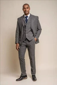 Men's Suit Gray Wool Herringbone Vintage Tweed Check Prom Groom Tuxedo Wedding - Picture 1 of 10