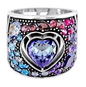 BRIGHTON ECSTATIC HEART RAINBOW HUES SWAROVSKI CRYSTAL SILVER SIZE 8 RNG VG+✨VTG - Picture 1 of 6