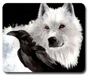 White WOLF & RAVEN - Mousepad Mouse Pad / Mat - GOTHIC FANTASY HOME OFFICE GIFT - Picture 1 of 1