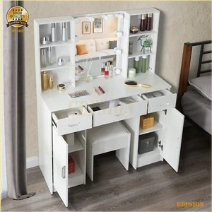 NEW Dressing Table Vanity Makeup Desk With Stool Mirror & LED Lights 5 Drawers - Picture 1 of 11