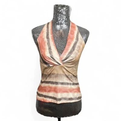 Y2K Shimmer Halter Top Medium Metallic Stretch Plunge Ruched Clubwear Sexy Glam - Image 1 of 4