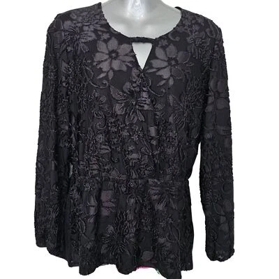 Whimsigoth romantic fairycore velvet burnout-like Floral Textured V-neck Top LS - Image 1 of 4