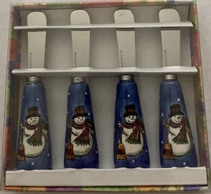 Sango Christmas Snowman Cheese Spreader Knives Stainless Sue Zipkin Set of 4 NOB - Picture 1 of 4