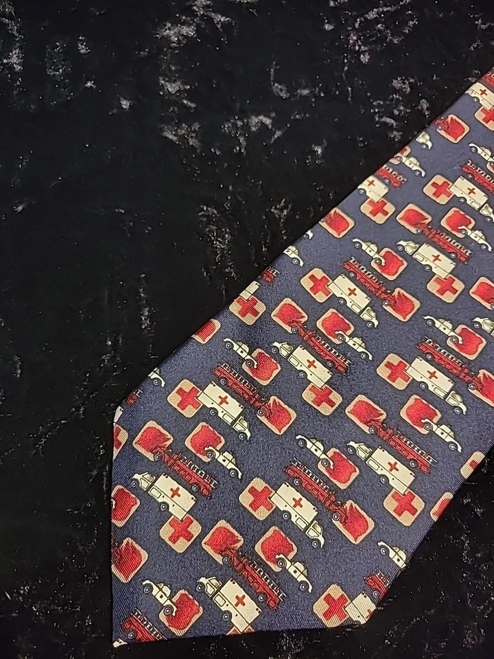 Vintage Tie Tree Mens Neck Tie Blue Red Ambulance Firefighter First Responder - Image 1 of 4
