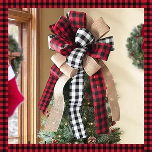 Christmas Tree Topper - Buffalo Plaid Red Black Burlap Decorative Bow - Rusti... - Picture 1 of 6