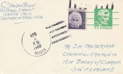 1968 USA card from Santa Cruz CA to Baugys/Clarens Switzerland - Image 1 of 2