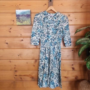 California Looks Vintage Floral Puff 3/4 Midi Tea Dress Linen Blend Pleat Sz 10P - Picture 1 of 11