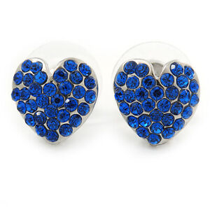 Sapphire Blue Crystal Heart Stud Earrings In Silver Tone - 12mm L