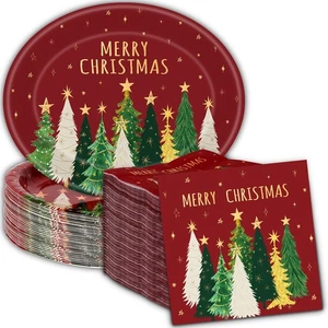 100 Piezas Platos Ovalados Feliz Navidad 12"x10" Rojo Verde Platos y Servilletas Pesadas... - Imagen 1 de 7
