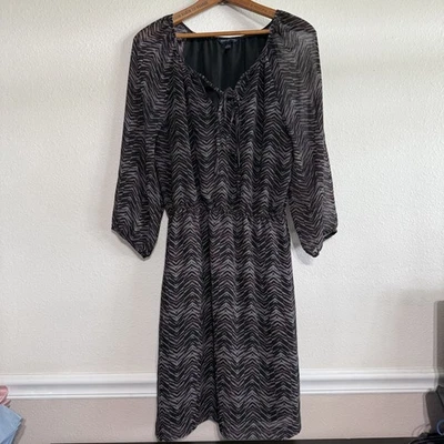 Banana Republic Maxi Dress Size 4 Black Gray Chevron Chiffon Long Balloon Sleeve - Image 1 of 4