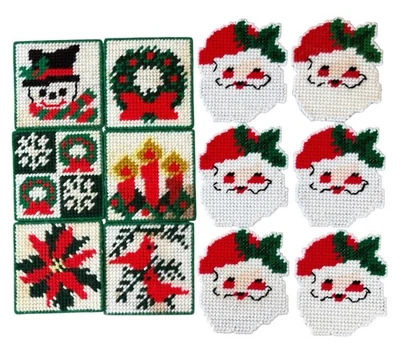Set of 12 Plastic Canvas Yarn Needlepoint Variety Of Christmas Drink Coasters - Image 1 of 4