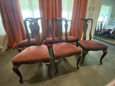 6 боковых стульев Ethan Allen Georgian Court Queen Anne вишня с бордовой тканью - Изображение 1 из 4