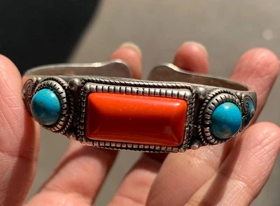Pulsera brazalete clásico coral turquesa incrustación plata dinastía china antigua Foto 1 de 4