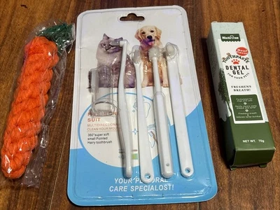 Dog Cat Puppy Toothbrush Set Toothpaste Gel Carrot Chew Toy Lot - Image 1 of 4